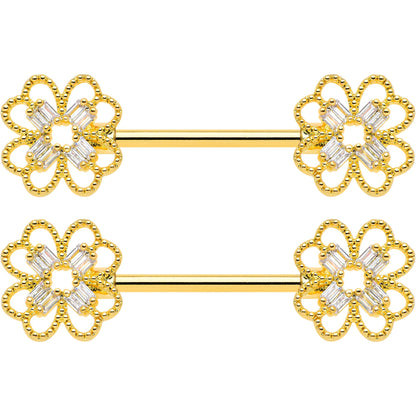 14G 5/8 Clear Gem Gold Tone Texture Cross Barbell Nipple Ring Set