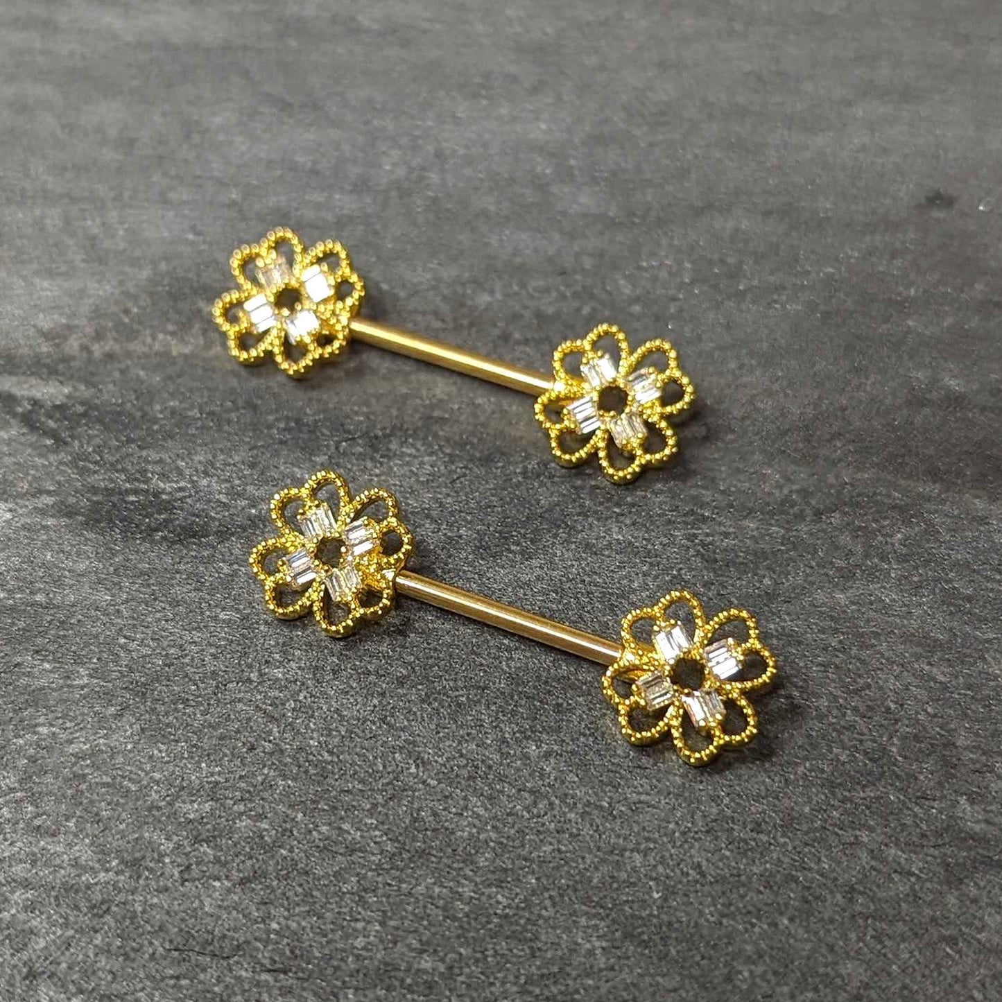 14G 5/8 Clear Gem Gold Tone Texture Cross Barbell Nipple Ring Set