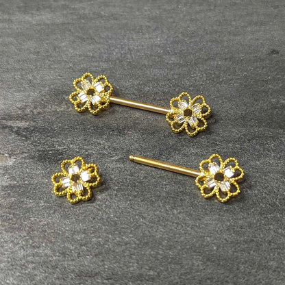 14G 5/8 Clear Gem Gold Tone Texture Cross Barbell Nipple Ring Set