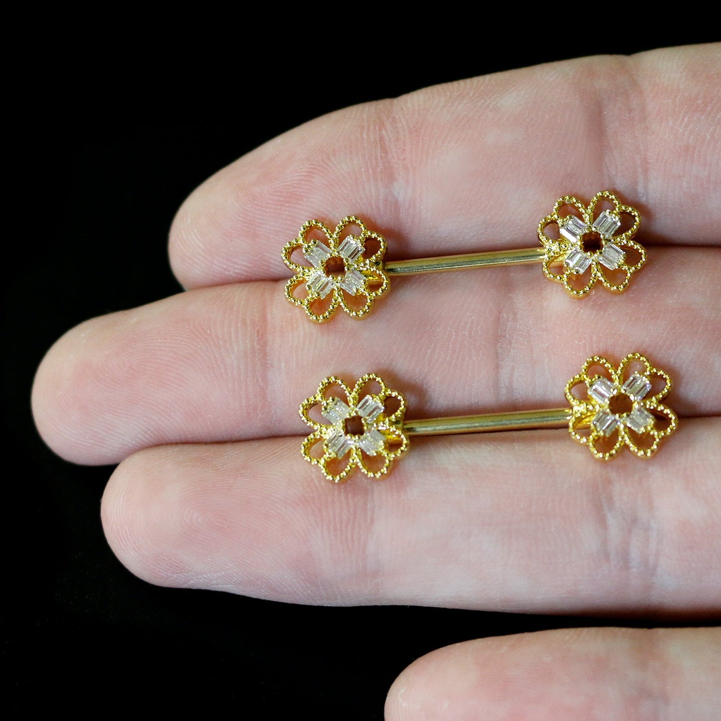 14G 5/8 Clear Gem Gold Tone Texture Cross Barbell Nipple Ring Set
