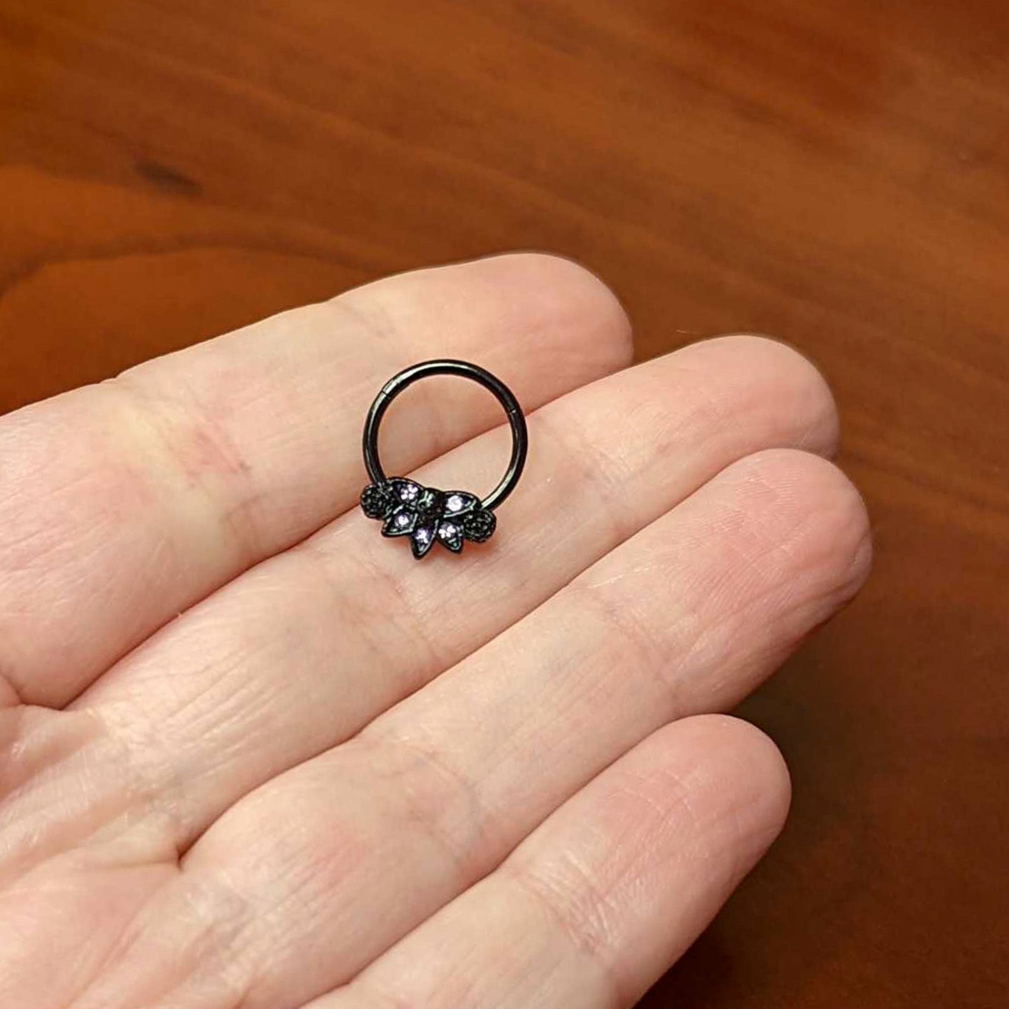 16G 3/8 Purple Gem Black Skull Blossom Hinged Segment Ring