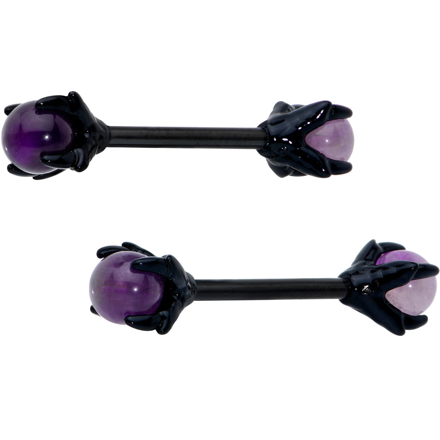 14G 9/16 Purple Amethyst Black Skeleton Hand Nipple Ring Set