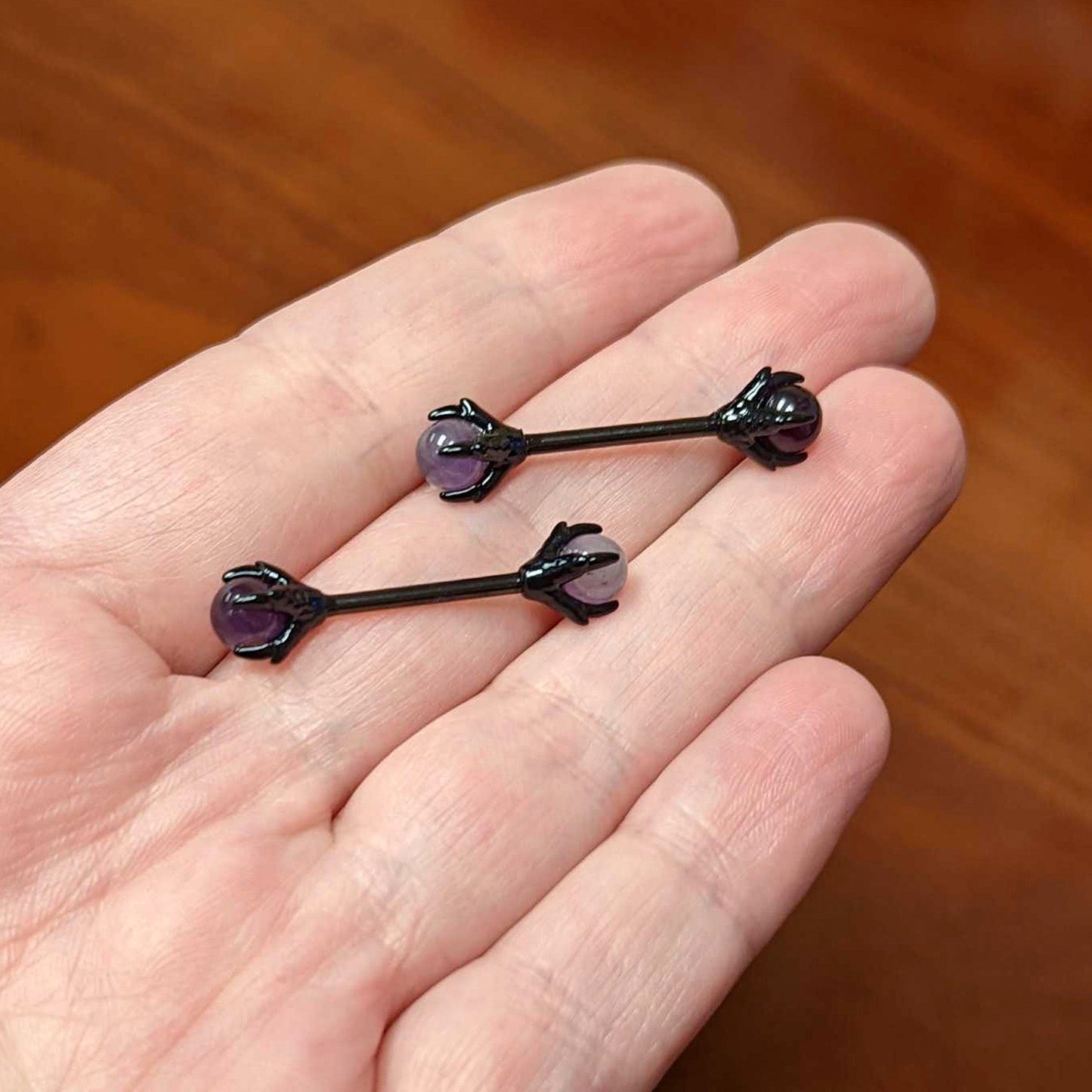 14G 9/16 Purple Amethyst Black Skeleton Hand Nipple Ring Set