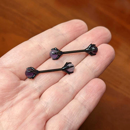14G 9/16 Purple Amethyst Black Skeleton Hand Nipple Ring Set