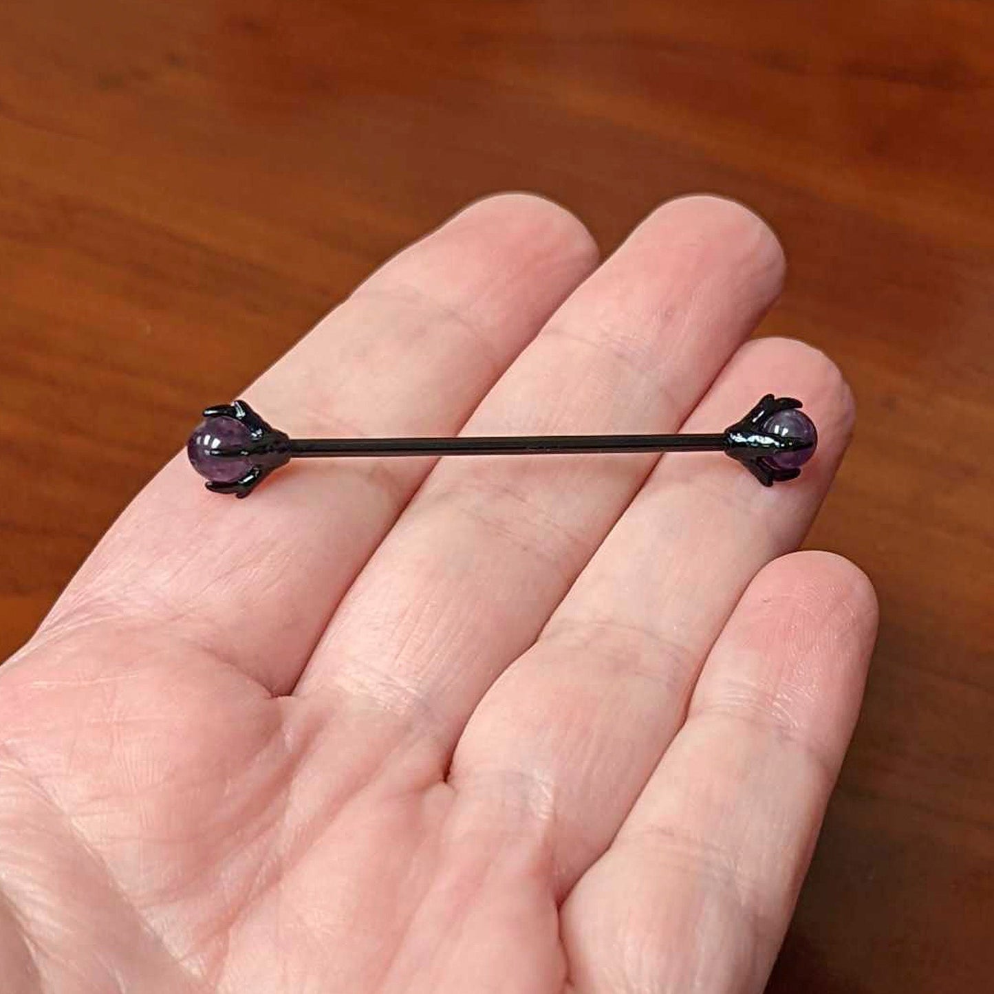 14G Purple Amethyst Black Skeleton Hand Industrial Barbell 38mm