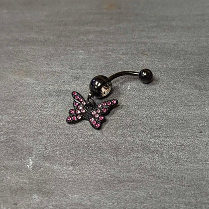 Clear Pink Gem Black Midnight Butterfly Dangle Belly Ring