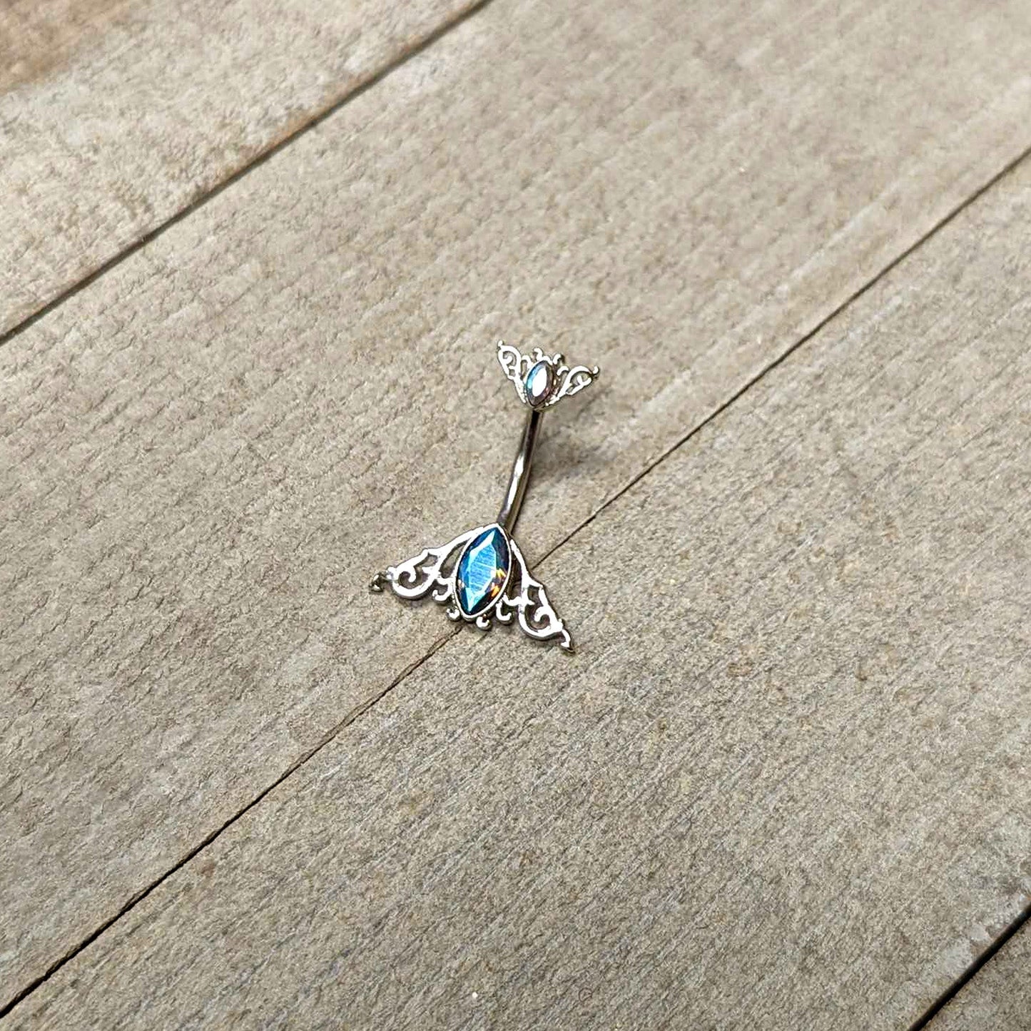 Aurora Gem Art Deco Scrollwork Ovals Double Mount Belly Ring