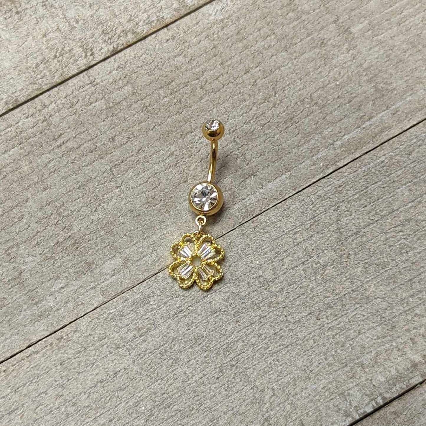 Clear Gem Gold Tone Elegant Textured Shamrock Dangle Belly Ring