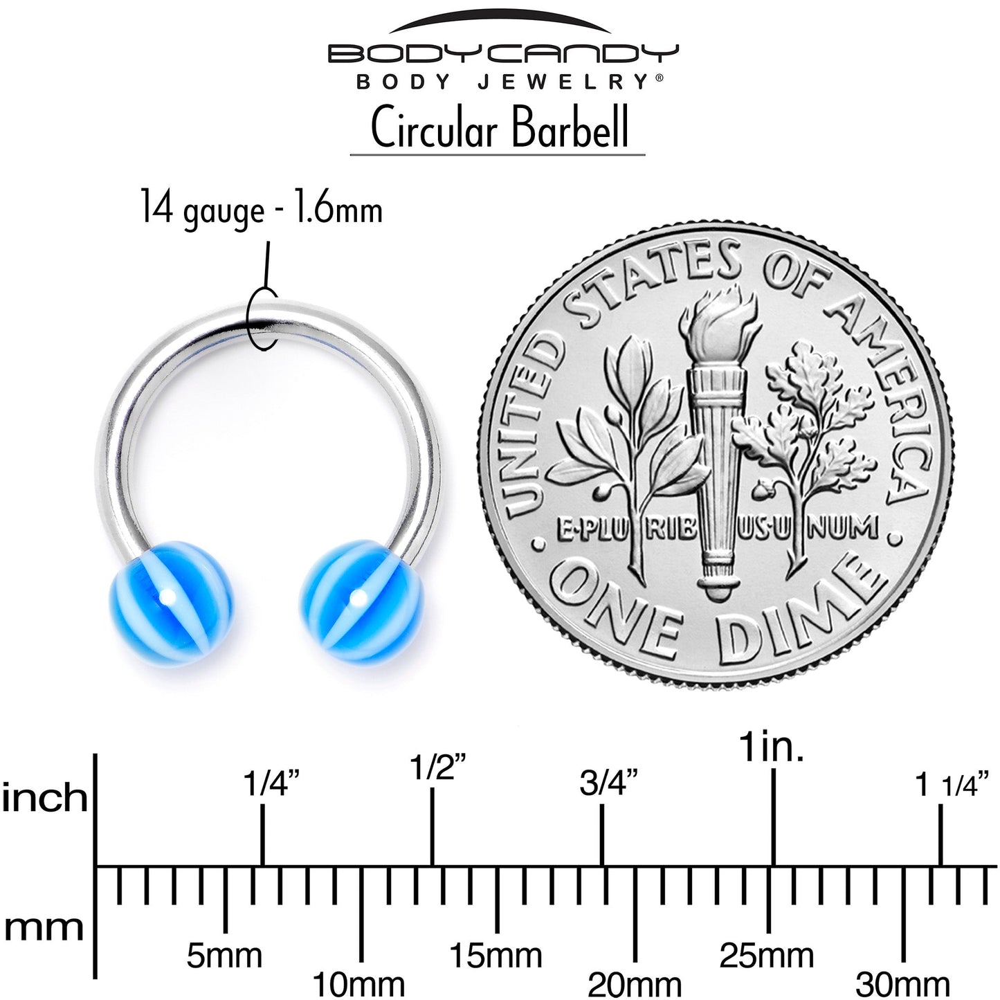 14G 7/16 Beach Ball Blue Stripe Horseshoe Circular Barbell