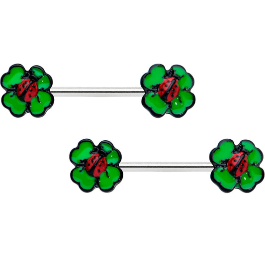 14G 9/16 Ladybug Shamrock St Patricks Day Barbell Nipple Ring Set