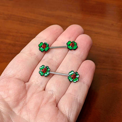 14G 9/16 Ladybug Shamrock St Patricks Day Barbell Nipple Ring Set