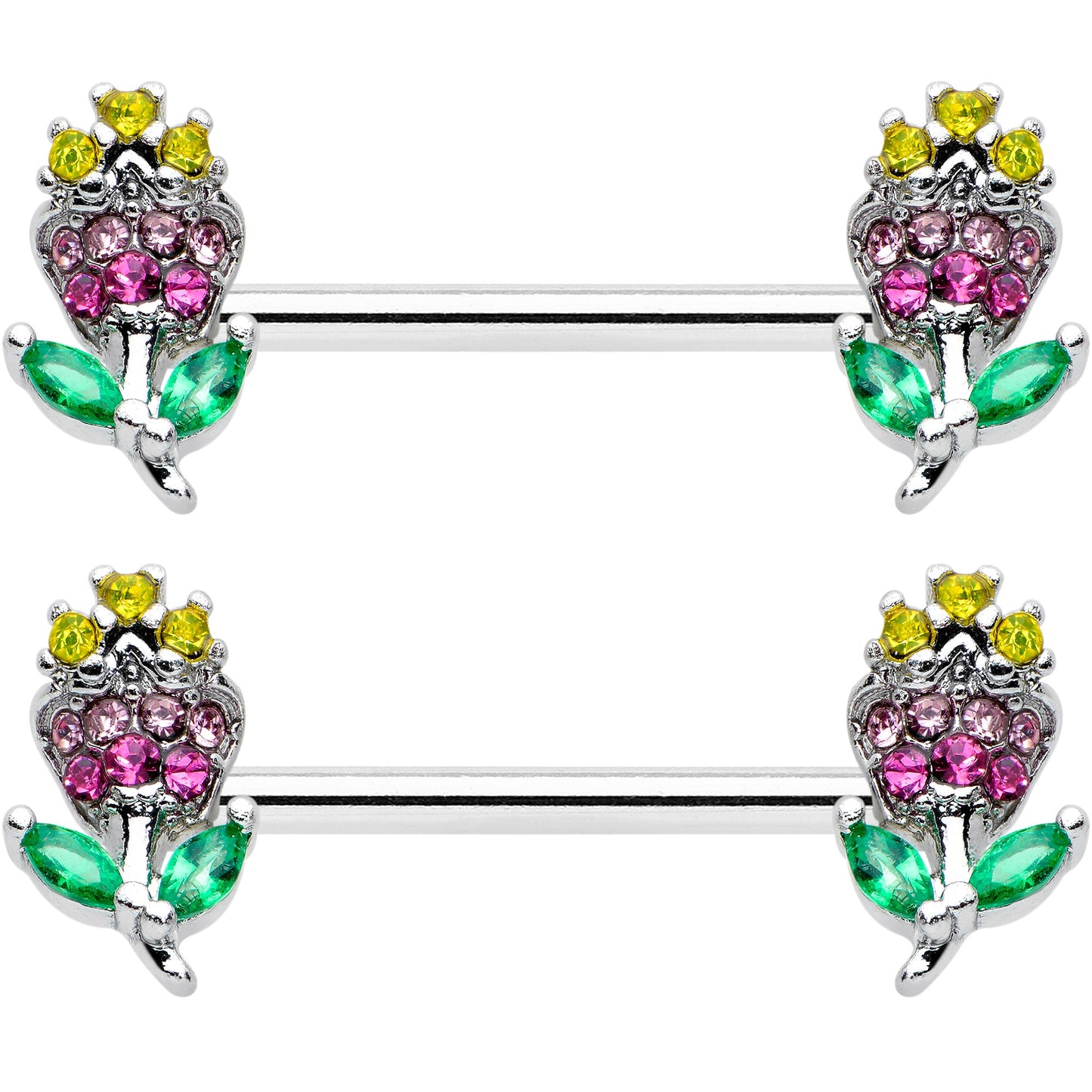 14G 9/16 Green Pink Gem Mardi Gras Flower Barbell Nipple Ring Set