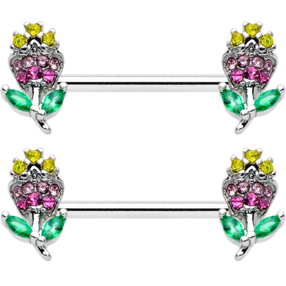 14G 9/16 Green Pink Gem Mardi Gras Flower Barbell Nipple Ring Set