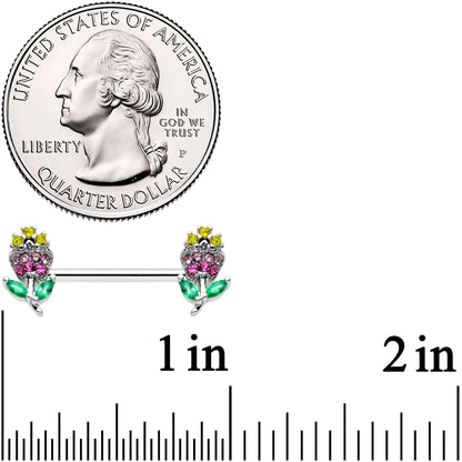 14G 9/16 Green Pink Gem Mardi Gras Flower Barbell Nipple Ring Set