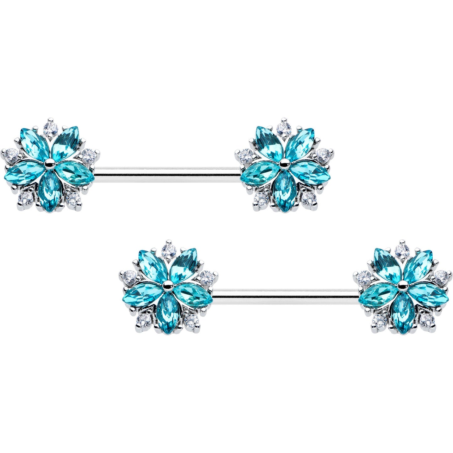 14G 9/16 Blue CZ Gem Floral Burst Barbell Nipple Ring Set