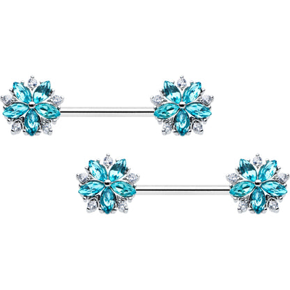 14G 9/16 Blue CZ Gem Floral Burst Barbell Nipple Ring Set