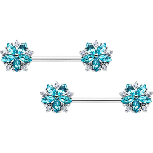 14G 9/16 Blue CZ Gem Floral Burst Barbell Nipple Ring Set