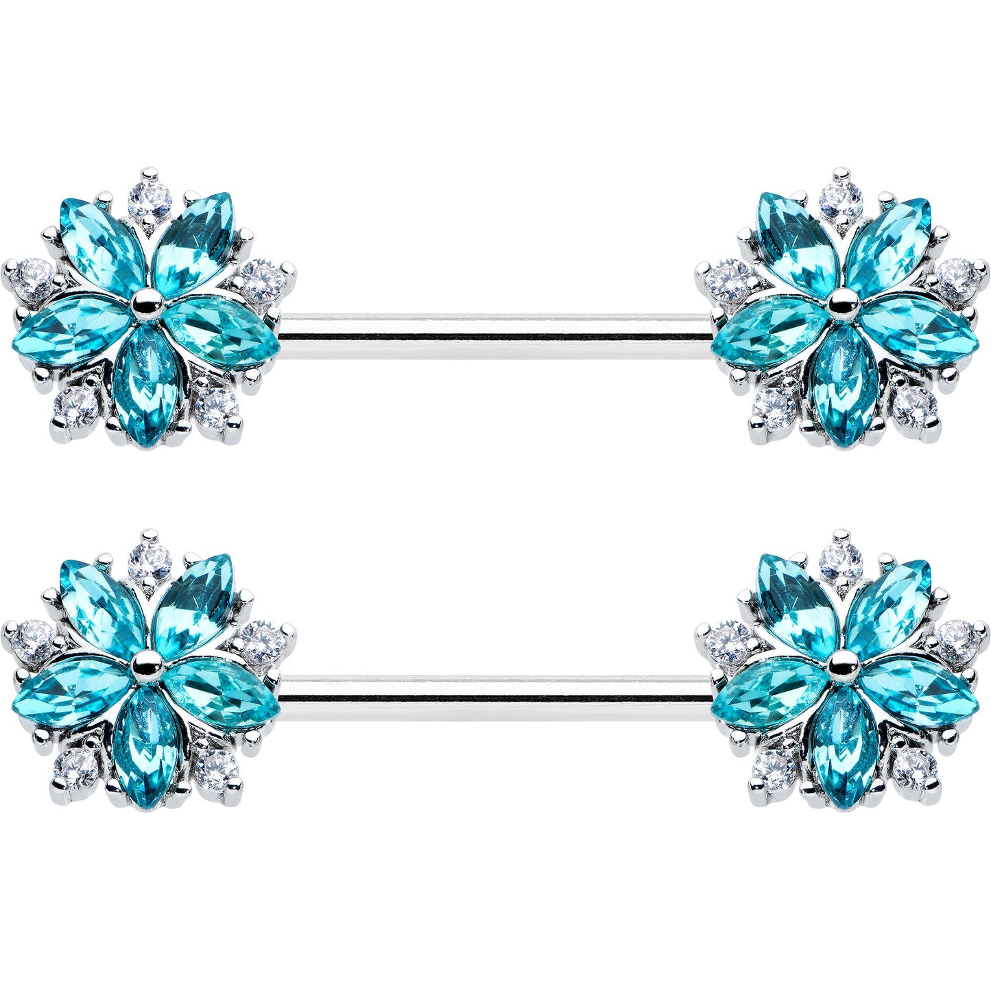 14G 9/16 Blue CZ Gem Floral Burst Barbell Nipple Ring Set