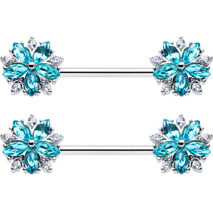 14G 9/16 Blue CZ Gem Floral Burst Barbell Nipple Ring Set