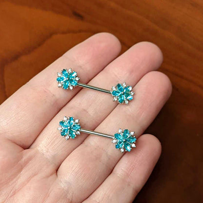 14G 9/16 Blue CZ Gem Floral Burst Barbell Nipple Ring Set