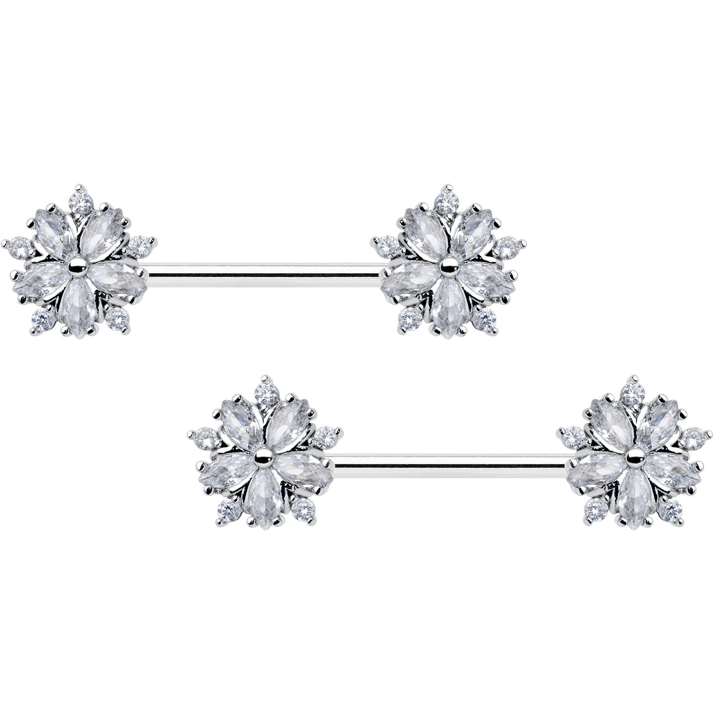 14G 9/16 Clear CZ Gem Floral Burst Barbell Nipple Ring Set