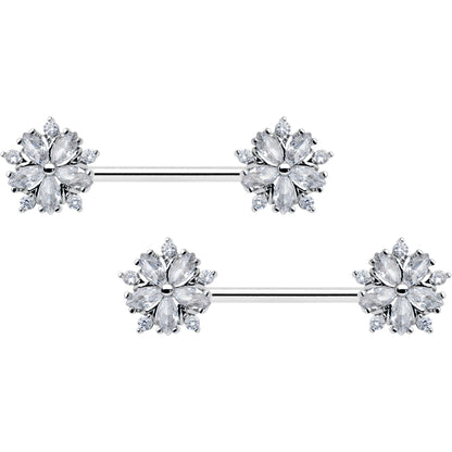 14G 9/16 Clear CZ Gem Floral Burst Barbell Nipple Ring Set