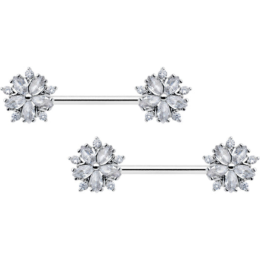 14G 9/16 Clear CZ Gem Floral Burst Barbell Nipple Ring Set