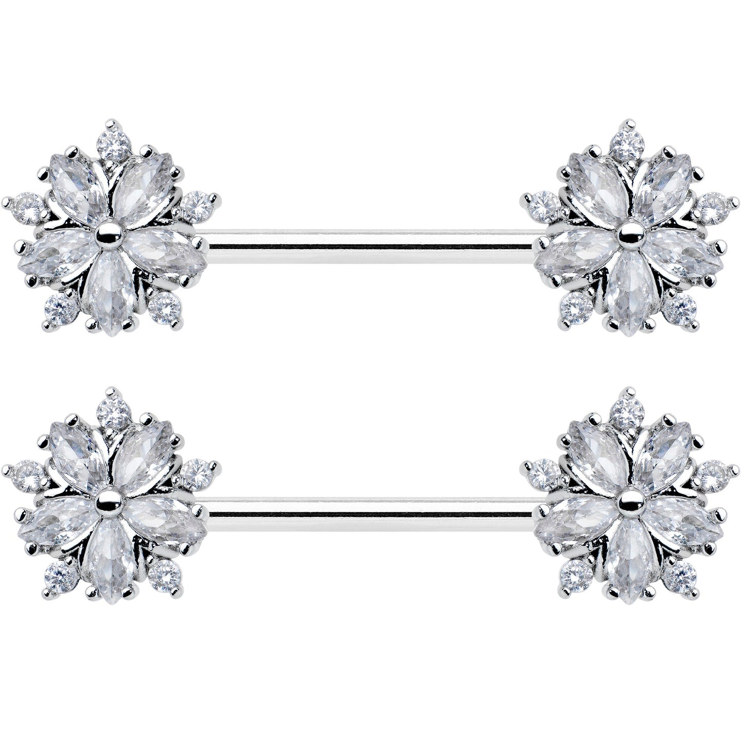 14G 9/16 Clear CZ Gem Floral Burst Barbell Nipple Ring Set