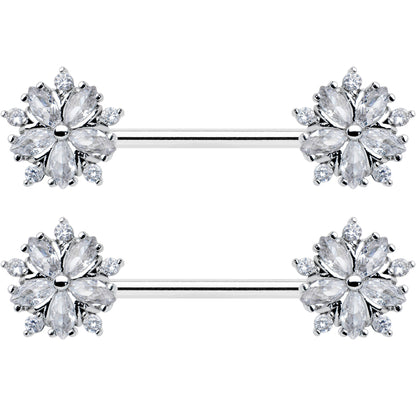 14G 9/16 Clear CZ Gem Floral Burst Barbell Nipple Ring Set