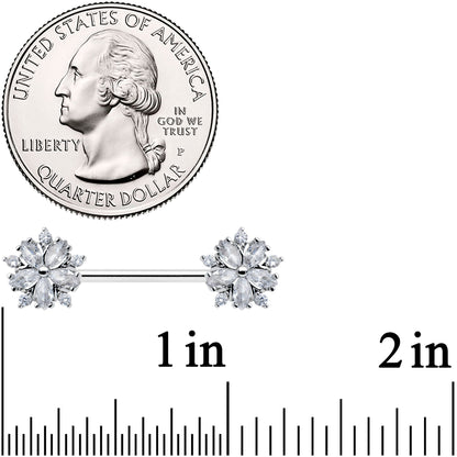 14G 9/16 Clear CZ Gem Floral Burst Barbell Nipple Ring Set