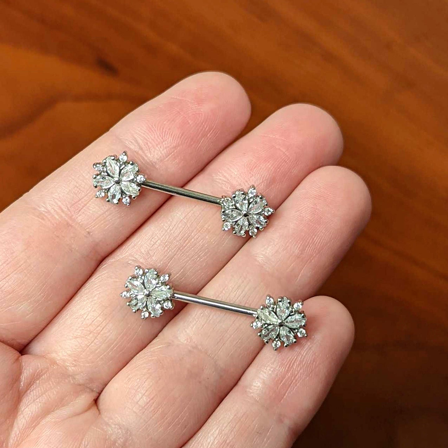 14G 9/16 Clear CZ Gem Floral Burst Barbell Nipple Ring Set