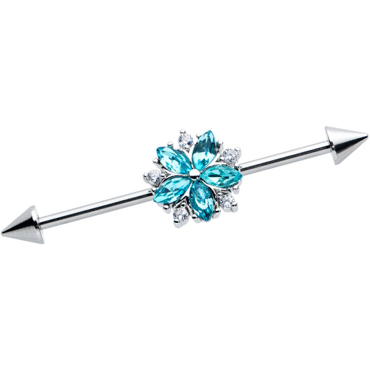 14G Blue CZ Gem Floral Baroque Burst Cone Industrial Barbell 38mm