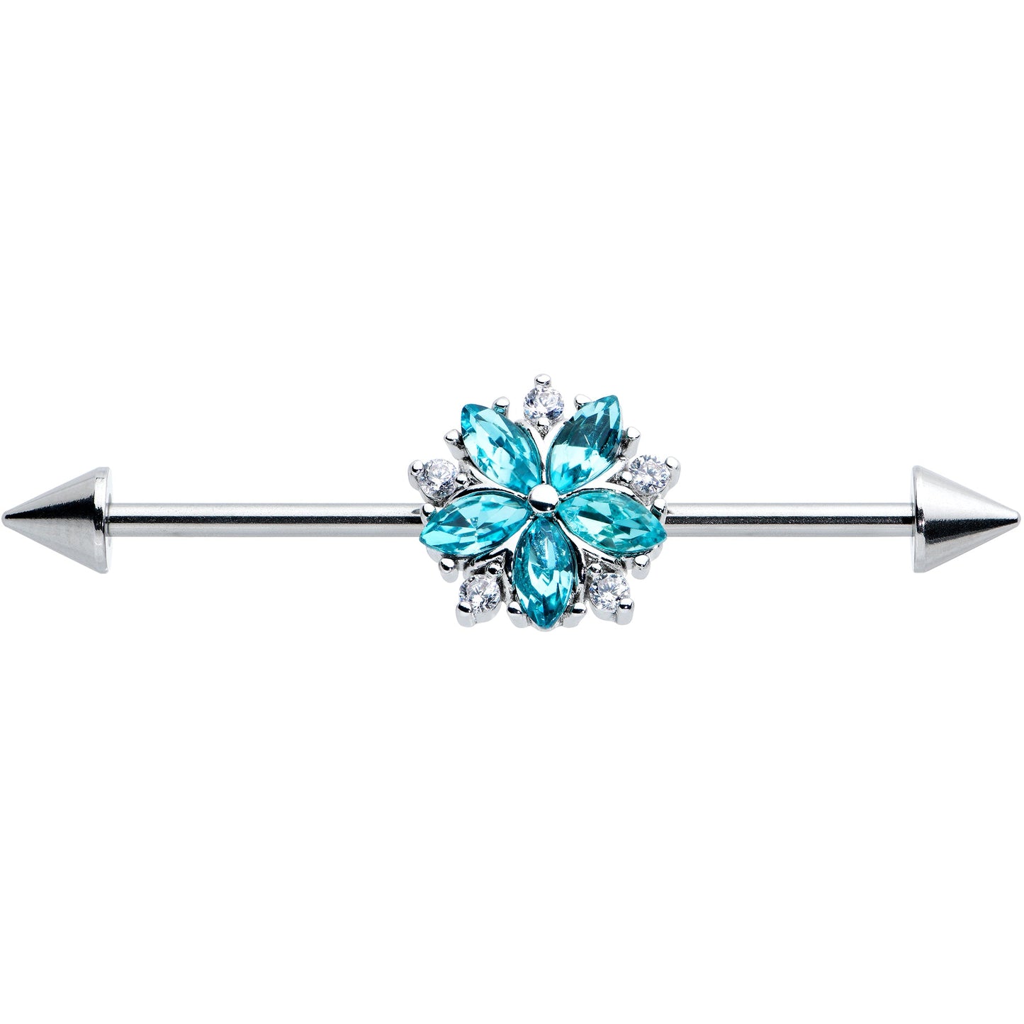 14G Blue CZ Gem Floral Baroque Burst Cone Industrial Barbell 38mm