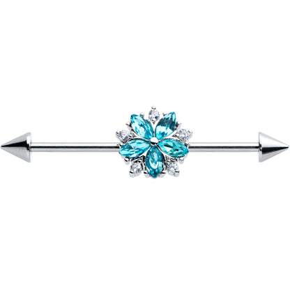 14G Blue CZ Gem Floral Baroque Burst Cone Industrial Barbell 38mm
