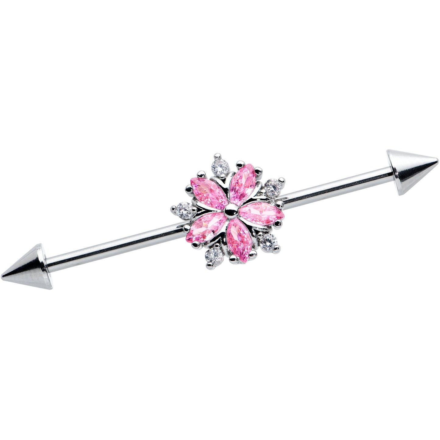 14G Pink CZ Gem Floral Baroque Burst Cone Industrial Barbell 38mm