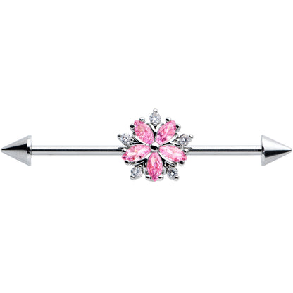 14G Pink CZ Gem Floral Baroque Burst Cone Industrial Barbell 38mm