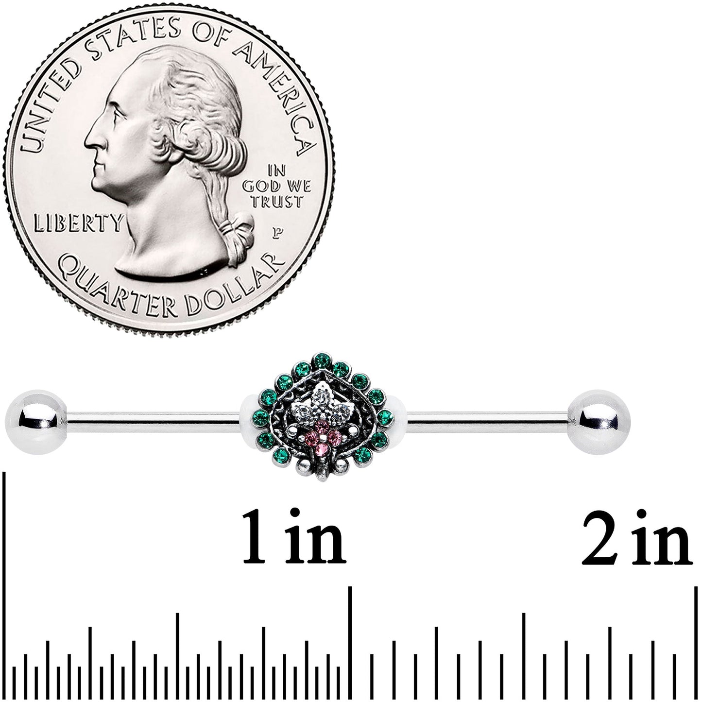 14G Pink Green Gem Stylized Leaf Industrial Barbell 38mm