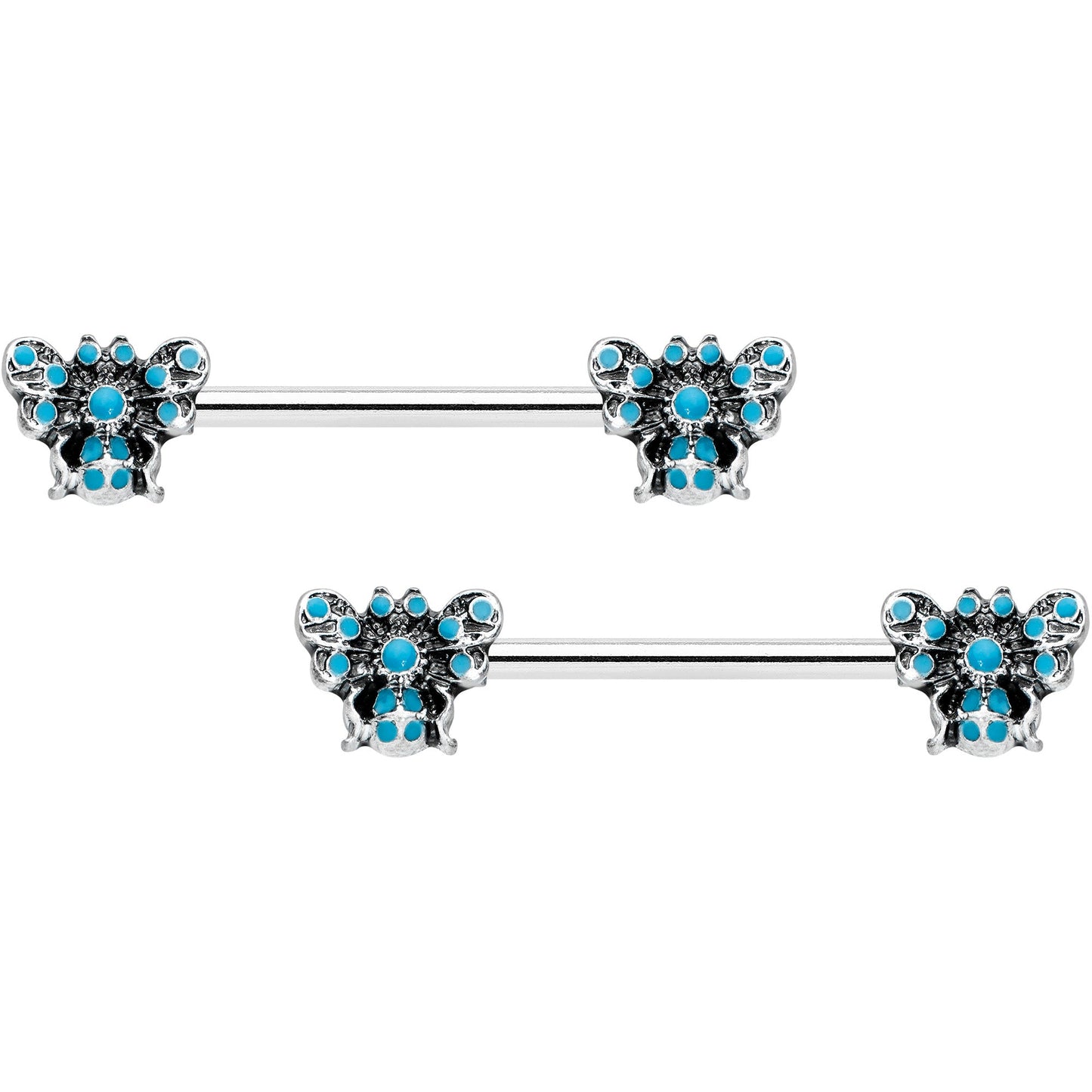 14G 9/16 Textured Blue Butterfly Barbell Nipple Ring Set