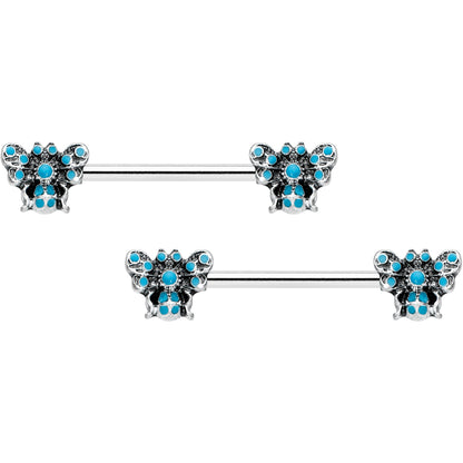 14G 9/16 Textured Blue Butterfly Barbell Nipple Ring Set