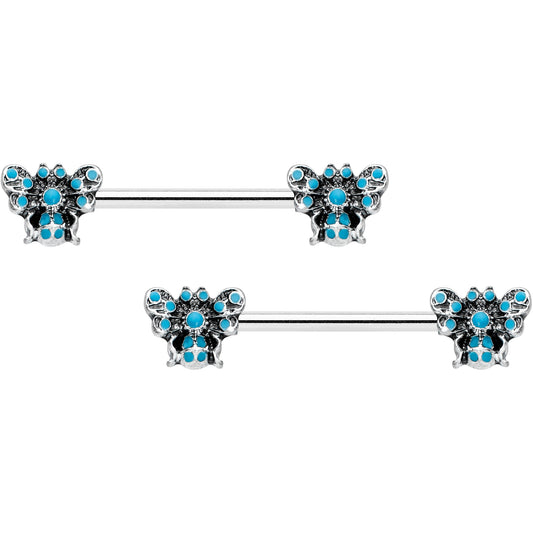 14G 9/16 Textured Blue Butterfly Barbell Nipple Ring Set