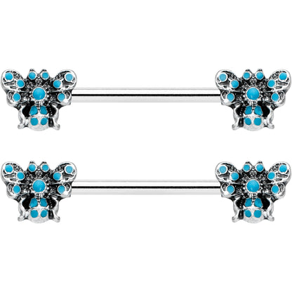 14G 9/16 Textured Blue Butterfly Barbell Nipple Ring Set
