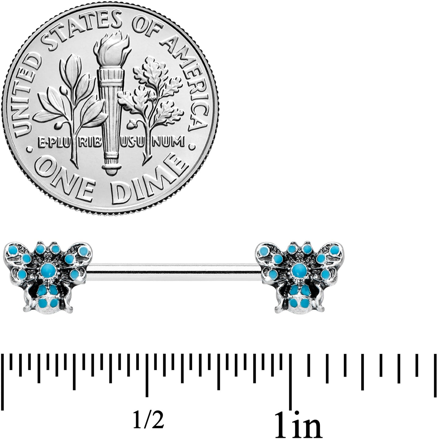 14G 9/16 Textured Blue Butterfly Barbell Nipple Ring Set