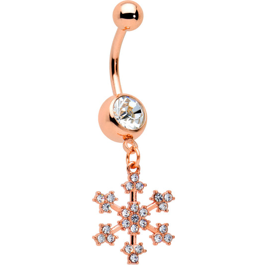 Clear Gem Rose Gold Tone Square Snowflake Holiday Dangle Belly Ring