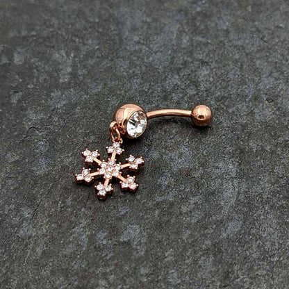 Clear Gem Rose Gold Tone Square Snowflake Holiday Dangle Belly Ring