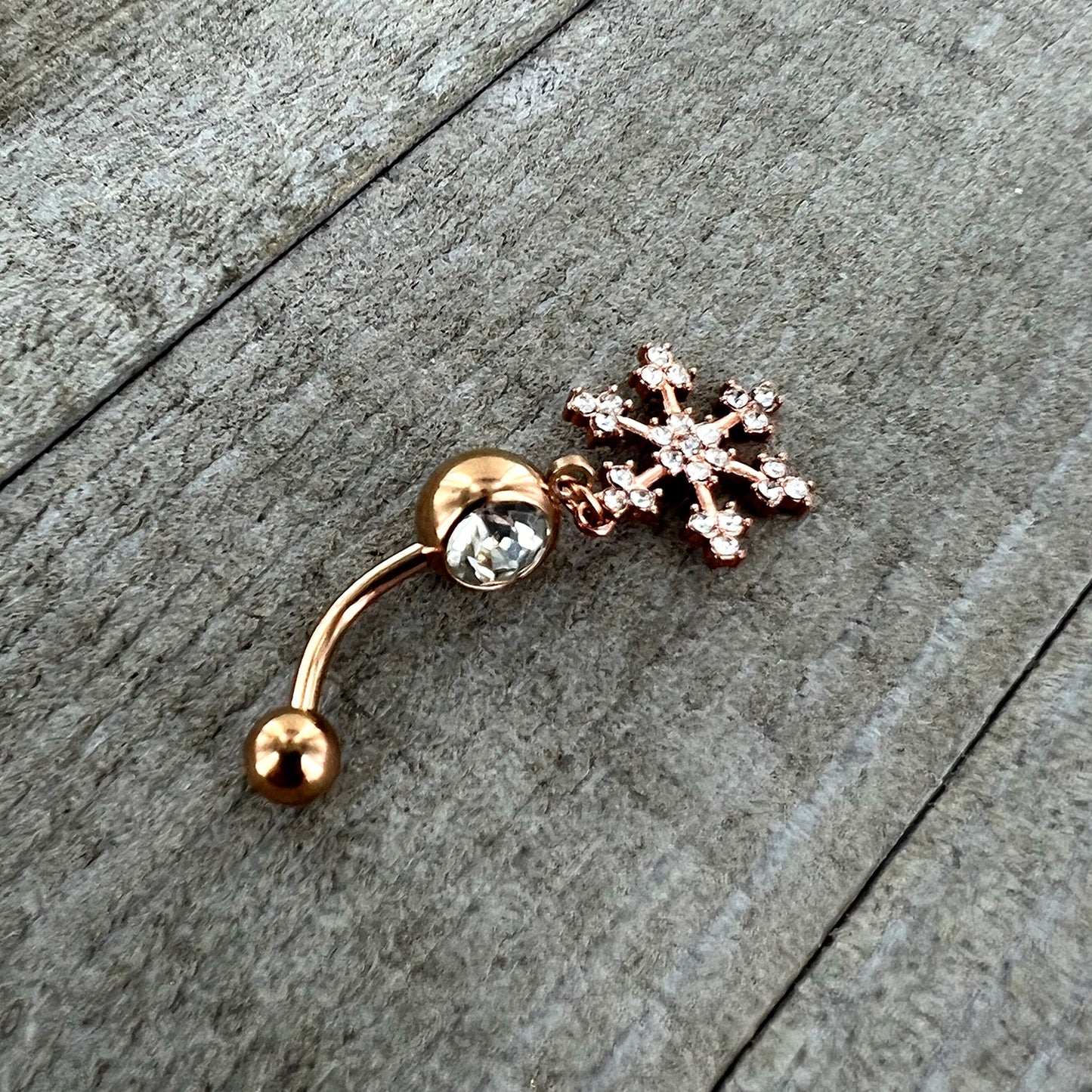 Clear Gem Rose Gold Tone Square Snowflake Holiday Dangle Belly Ring