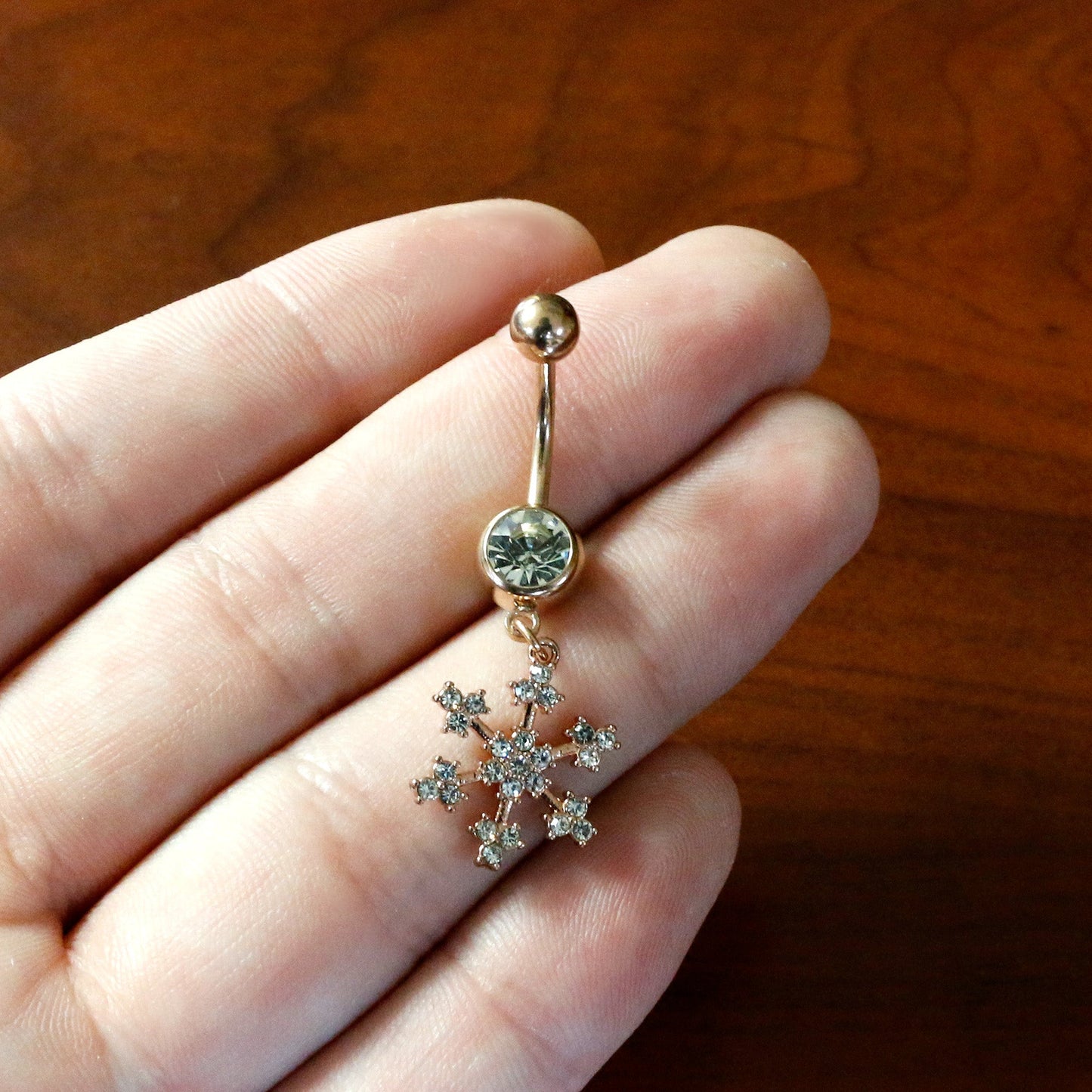 Clear Gem Rose Gold Tone Square Snowflake Holiday Dangle Belly Ring