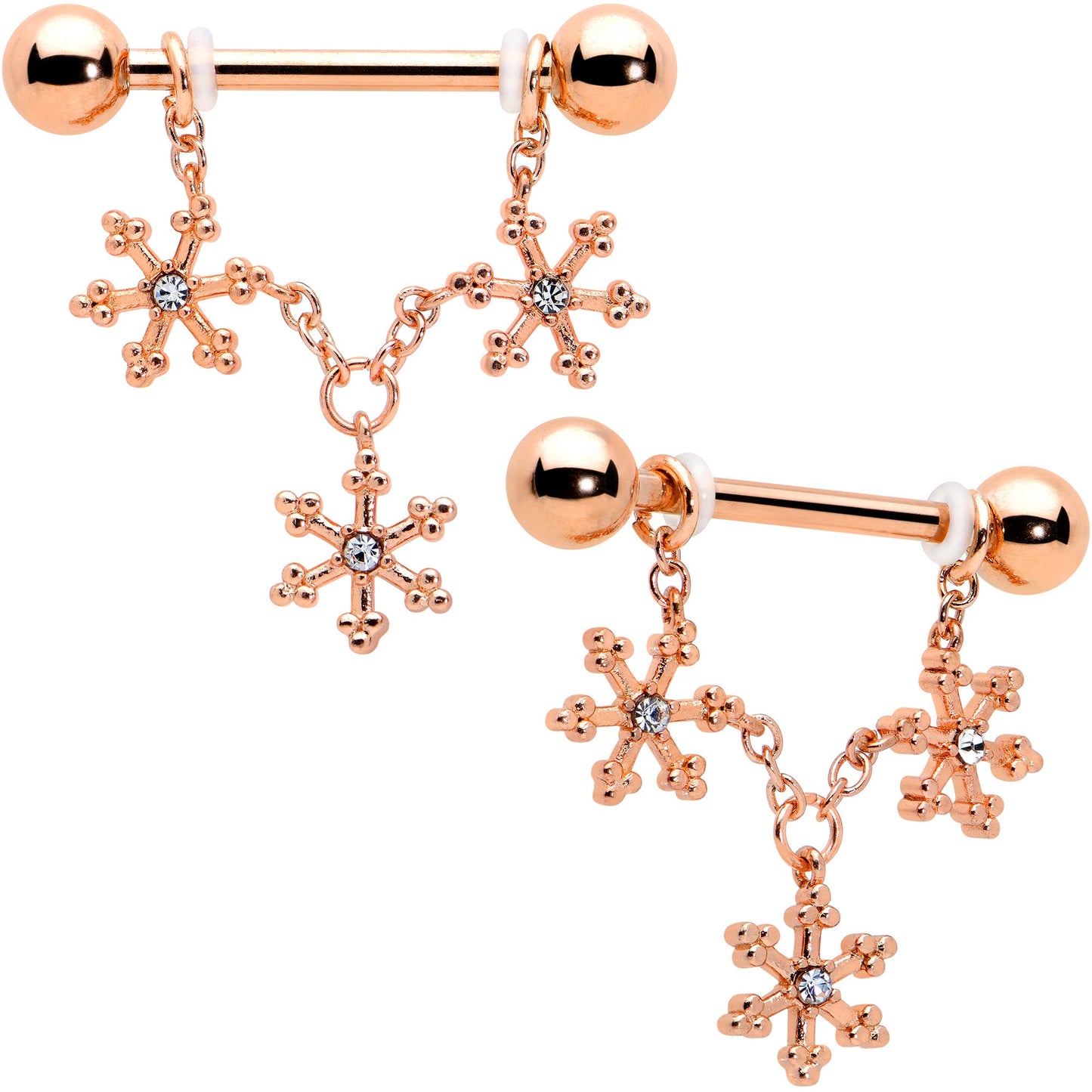 14G 9/16 Clear Gem Rosy Hue Snowflake Chain Dangle Nipple Ring Set