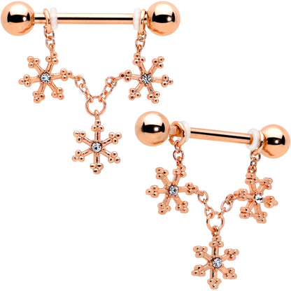 14G 9/16 Clear Gem Rosy Hue Snowflake Chain Dangle Nipple Ring Set