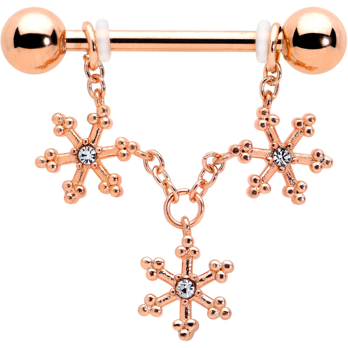 14G 9/16 Clear Gem Rosy Hue Snowflake Chain Dangle Nipple Ring Set