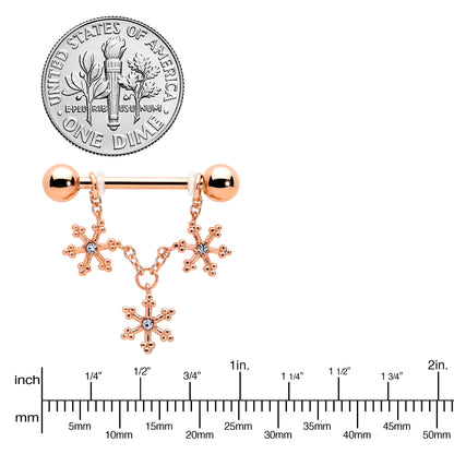 14G 9/16 Clear Gem Rosy Hue Snowflake Chain Dangle Nipple Ring Set